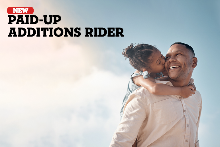 All about the Paid-Up Additions Rider in life insurance photo with father holding his daughter on his back while she is kissing him on the cheek