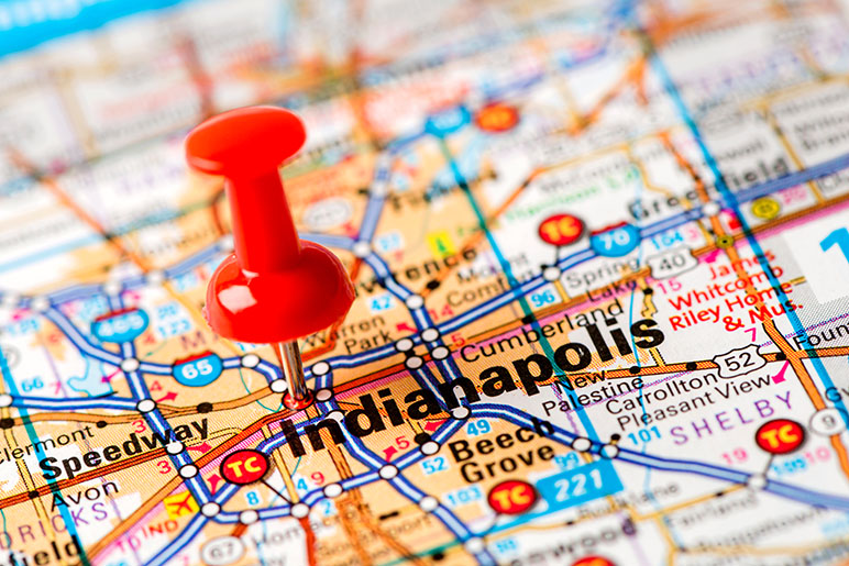 Map of Indianapolis with a tack on the Indianapolis