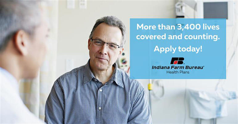 Man at a doctor's office with text by the man's head that reads, More than 3,400 lives covered and counting. Apply today!