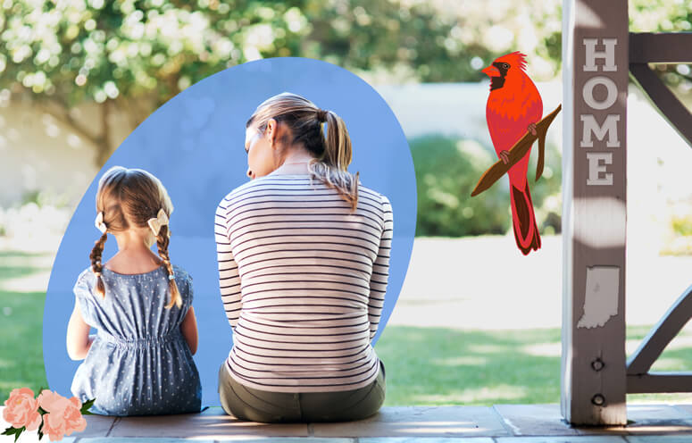 Mother and daughter sitting on a porch step with a sign that says home to the right of them