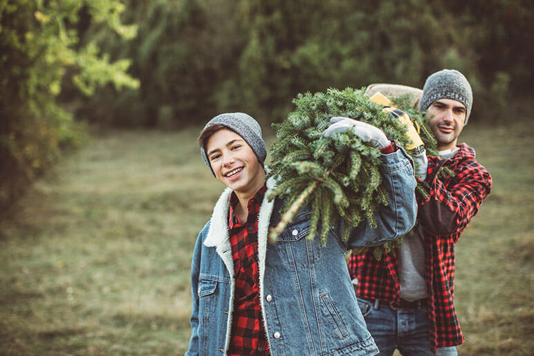 Father and son carrying a Christmas tree that they cut down at a Christmas tree farm