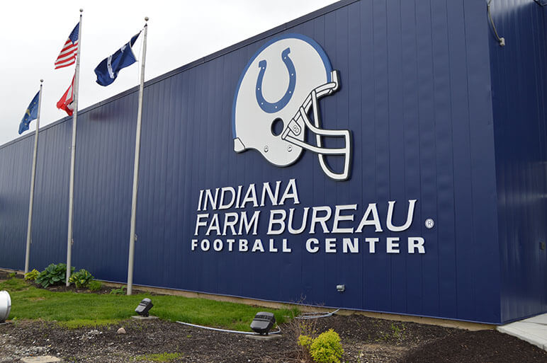 The front of the Indiana Farm Bureau Colts' Football Center in Indianapolis