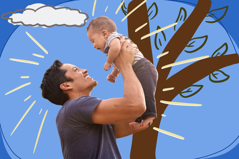 Man holding his baby in the air both look really happy